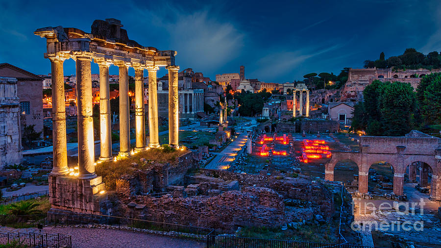 Roman Forum at night with the Temple of Saturn Photograph by Sam Antonio