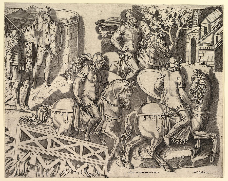Roman Horsemen Crossing a Bridge, from Trajans Column Drawing by Marco Dente