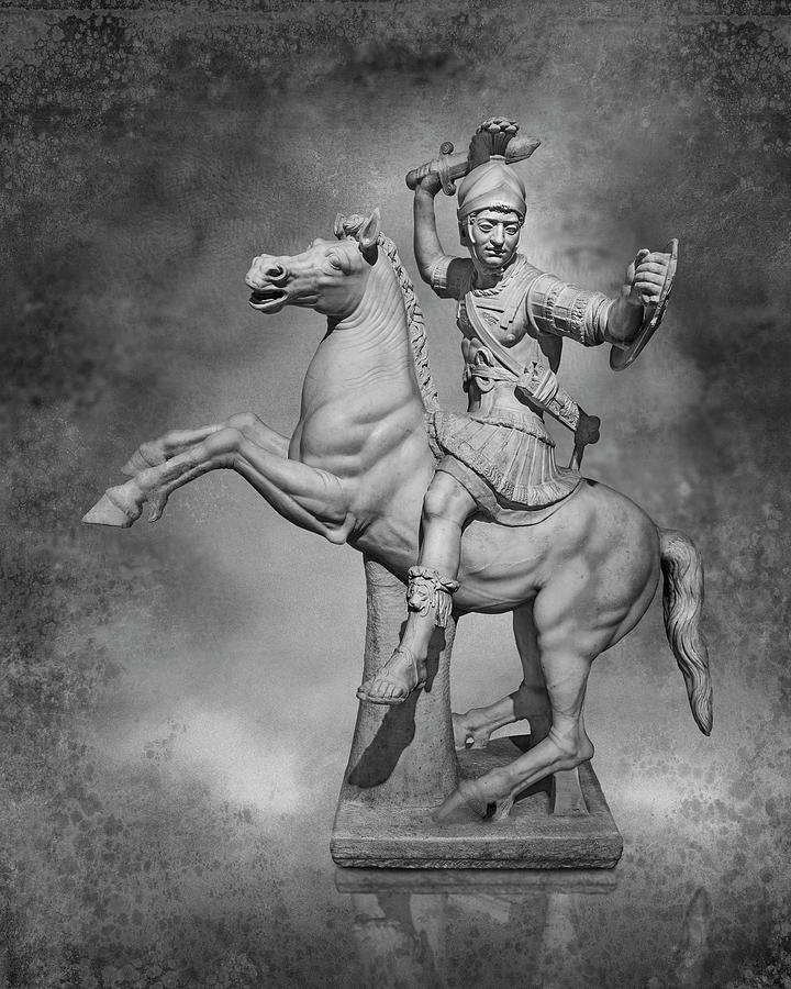 Roman marble sculpture of a warrior on horseback - black and white wall art print Sculpture by Paul E Williams