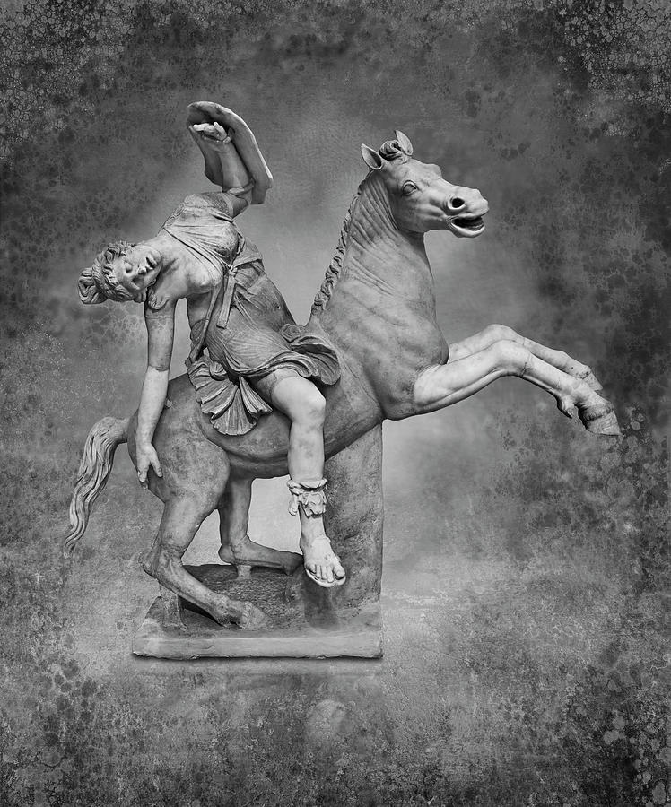 Roman marble sculpture of an Amazon on horseback - black and white wall art print Sculpture by Paul E Williams