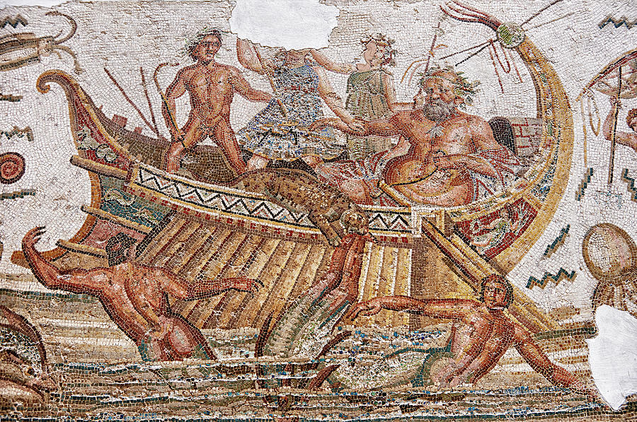 Roman mosaic of Dionysus repelling pirates from his ship - Bardo Museum Tunis  Photograph by Paul E Williams