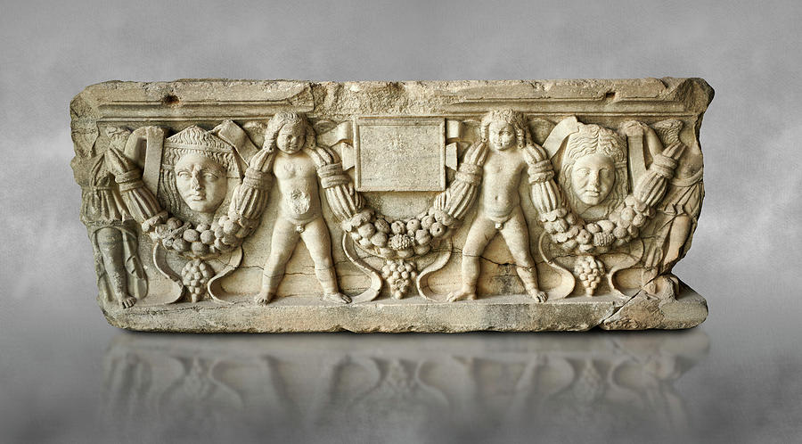 Roman relief sculpted garland sarcophagus with cherubs - Adana Archaeology Museum Photograph by Paul E Williams