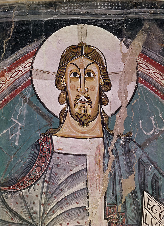 Romanesque fresco of Saint Climent de Taull. Created by Master of Taull. JESUS. Painting by Maestro De Tahull -siglo Xii-