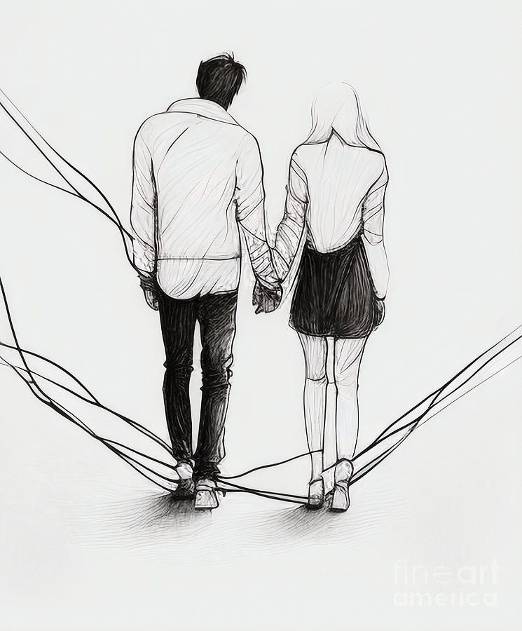 Romantic Couple Holding Hand Line Art, Happy Lovers Pencil Drawing