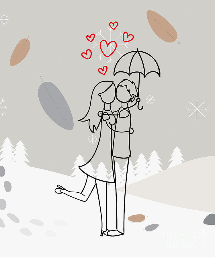 Romantic couple under umbrella, Flat design winter background Drawing by  Mounir Khalfouf - Fine Art America