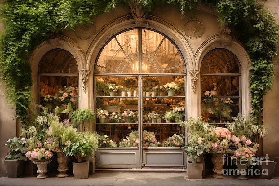Romantic flower shop window Painting by Delphimages Photo Creations