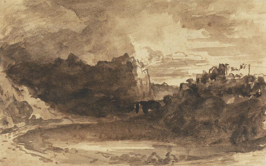 Romantic Landscape with Cliffs and a Castle Drawing by John Varley