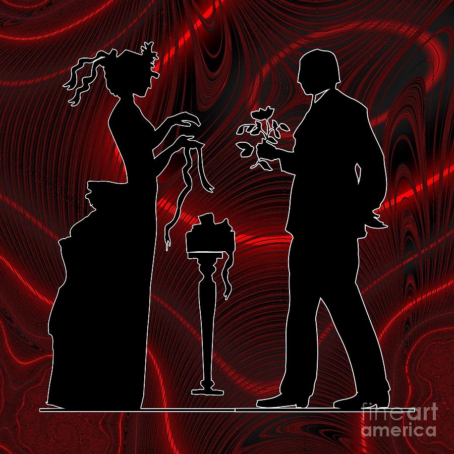 Romantic Man Woman And Flowers Silhouettes On Red Abstract Fractal Background Mixed Media