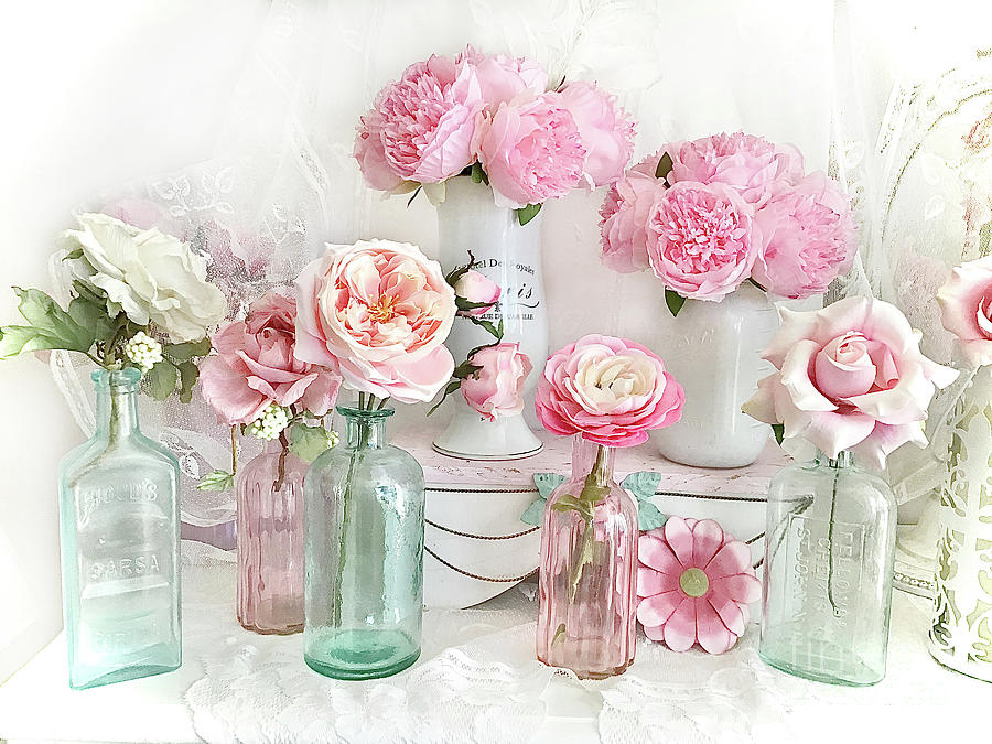 Romantic Pastel Shabby Chic Peonies Roses Flowers Bottle Jars Photograph by Kathy Fornal