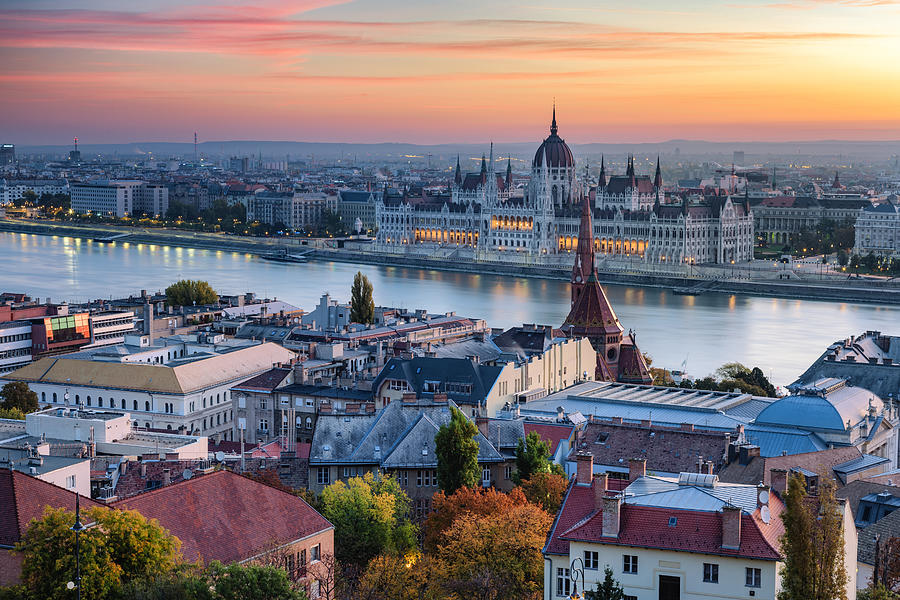 Romantic sunrise over Budapest landmarks and Danube river Photograph by Sergey Alimov