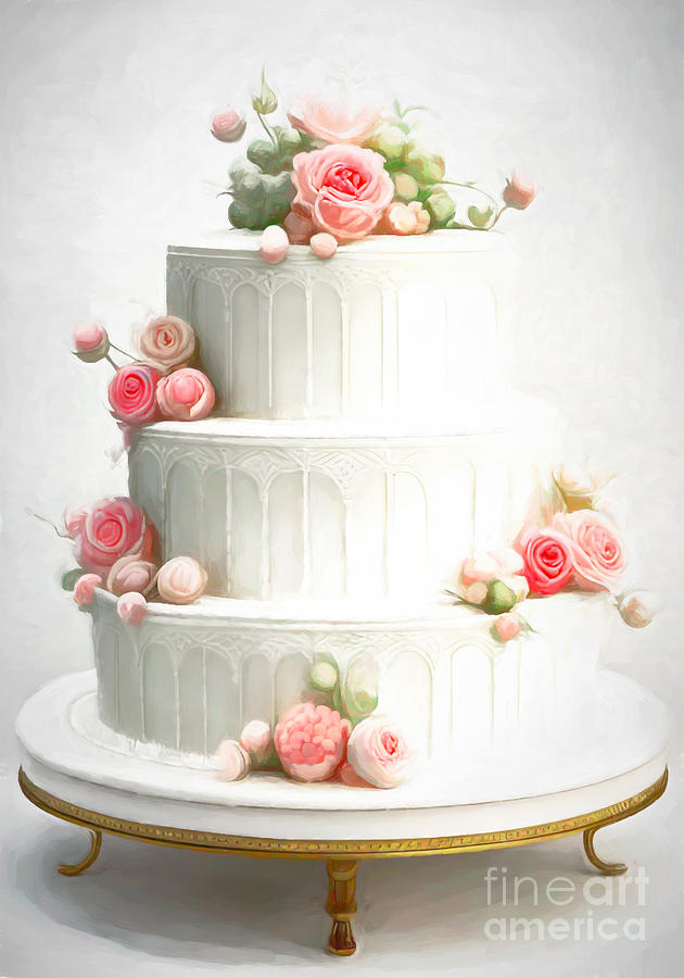 Romantic three tiered wedding cake, with pastel pink rose flowers, on a gold stand. Hand painted Rococo style with intricate icing and white background.  Photograph by Jane Rix