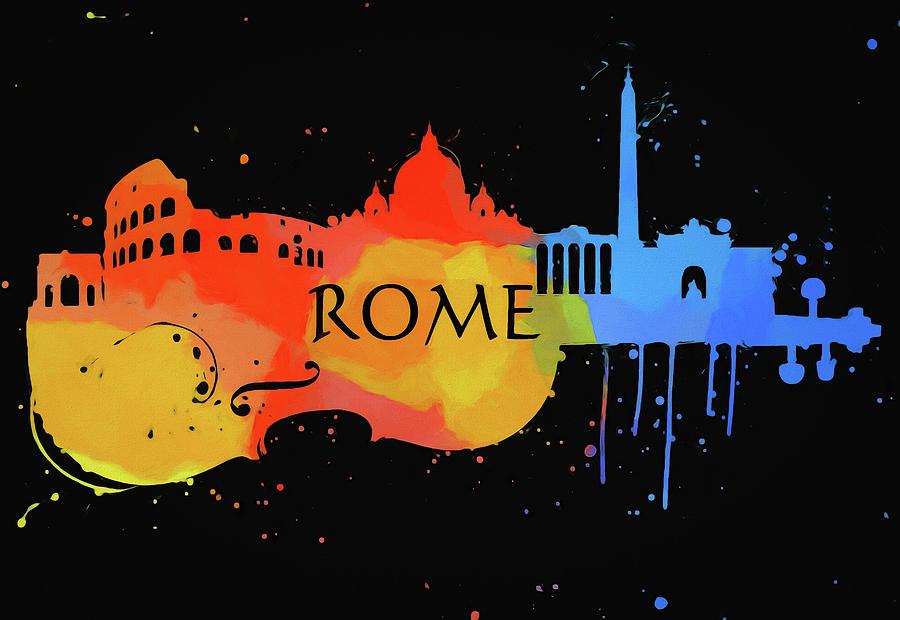 Rome Italy Violin Colorful Skyline Painting by Dan Sproul