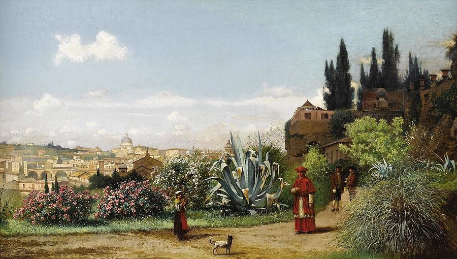 Moose Drawing - Rome Landscape With Maiden And Cardinal by Friedrich von Nerly German