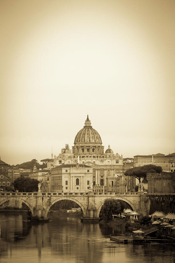 Architecture Photograph - Rome old postcard, Vatican Dome with bridge on Tiber river - vin by Paolo Modena