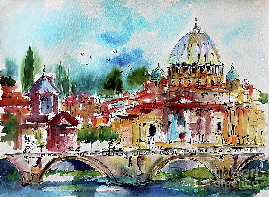 Rome Saint Peter Basilica St Angelo Bridge Painting by Ginette Callaway