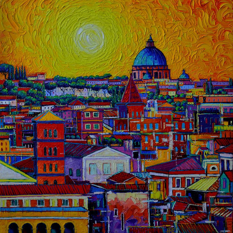 ROME SKYLINE FROM ORANGE GARDEN abstract cityscape sunset palette knife painting Ana Maria Edulescu Painting by Ana Maria Edulescu