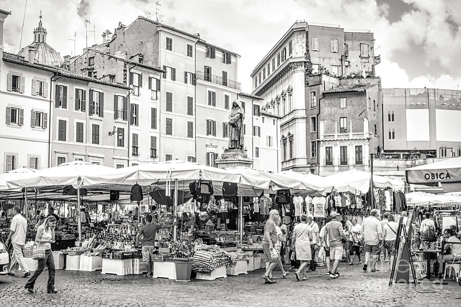 Rome Street Photo - Campo De Fiori Black and White Photograph by Stefano Senise