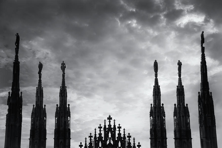 Rooftop Sculpture Silhouettes Dramatic Sky - Milan Duomo Cathedral, Architecture In Black And White Photograph by Andreea Eva Herczegh