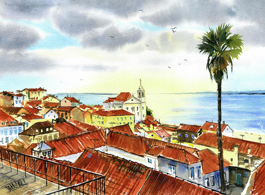 Rooftops of Alfama in Lisbon Painting by Dora Hathazi Mendes