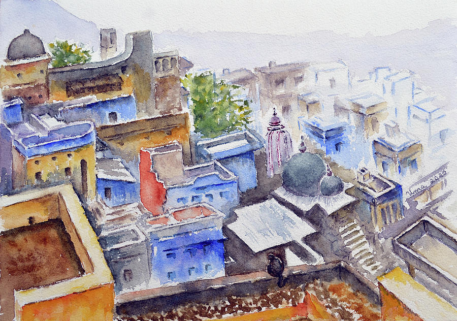 Rooftops of Bundi - Bundi series 14 Painting by Uma Krishnamoorthy