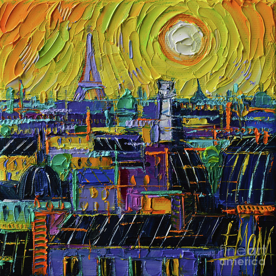 Paris Painting - ROOFTOPS OF PARIS AT SUNSET miniature textured palette knife oil painting by Mona Edulesco