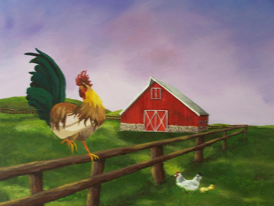Rooster and barn Painting by Gene Ritchhart