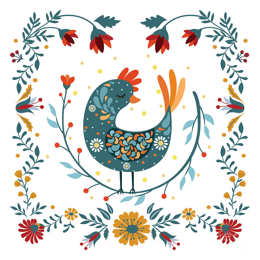 Rooster Drawing - Rooster bird folk art, Scandinavian folk floral ornate frame by Mounir Khalfouf