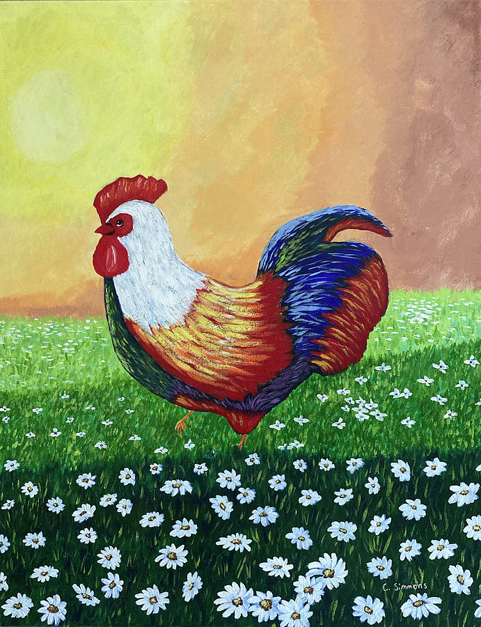 Rooster in the Daisy Field Painting by Chanler Simmons