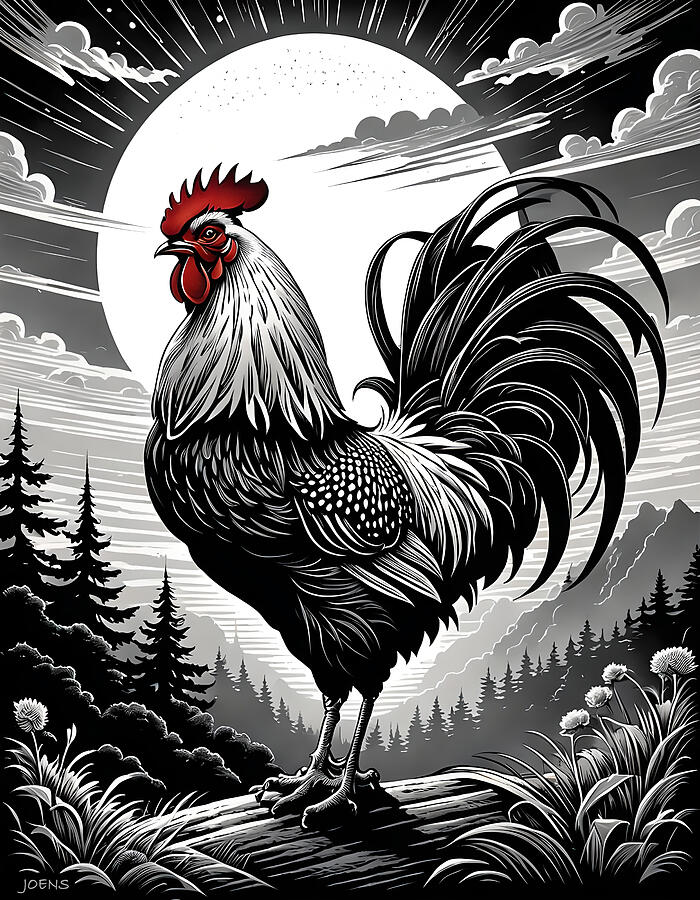 Black And White Digital Art - Rooster in the Sun by Greg Joens Black And White Digital Art - Rooster in the Sun by Greg Joens