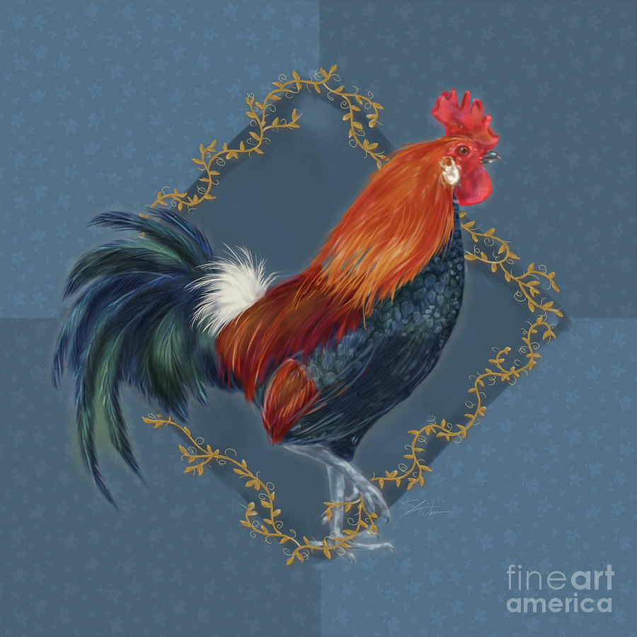 Rooster on Blue I Mixed Media by Shari Warren