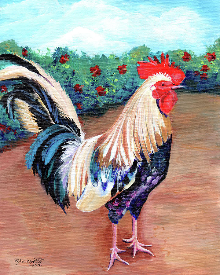 Rooster with Hibiscus Painting by Marionette Taboniar