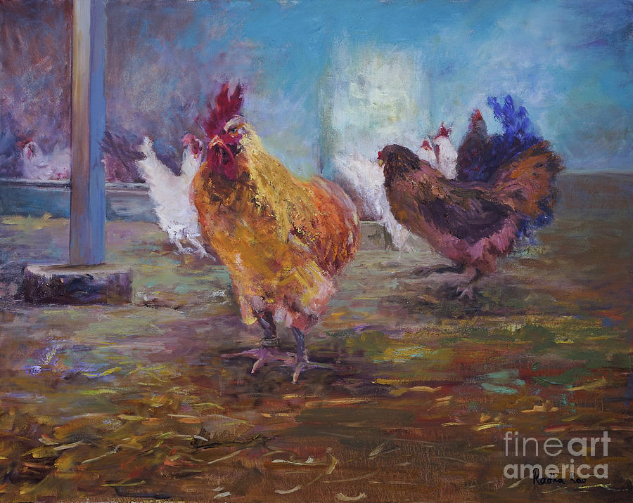 Roosters At Play Painting by Radha Rao
