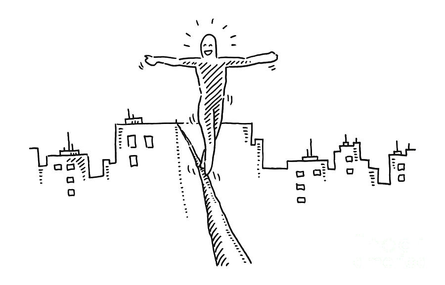 Black And White Drawing - Rope Balancing Acrobat Over City Buildings Drawing by Frank Ramspott