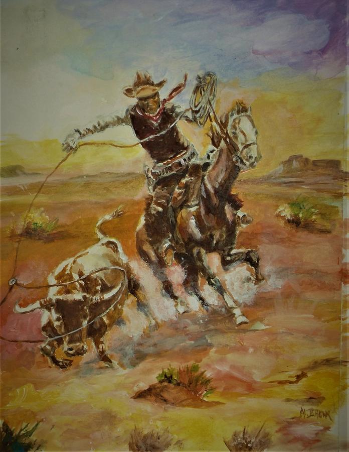 Roping a Bolting Steer Painting by Al Brown