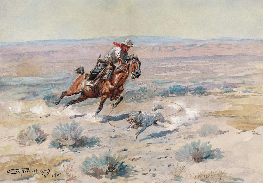 Rampage Movie Painting - Roping a Wolf, 1901 by Charles Marion Russell