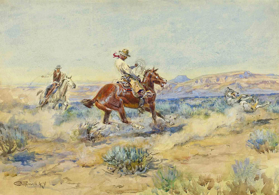 Roping a Wolf Drawing by Charles Marion Russell