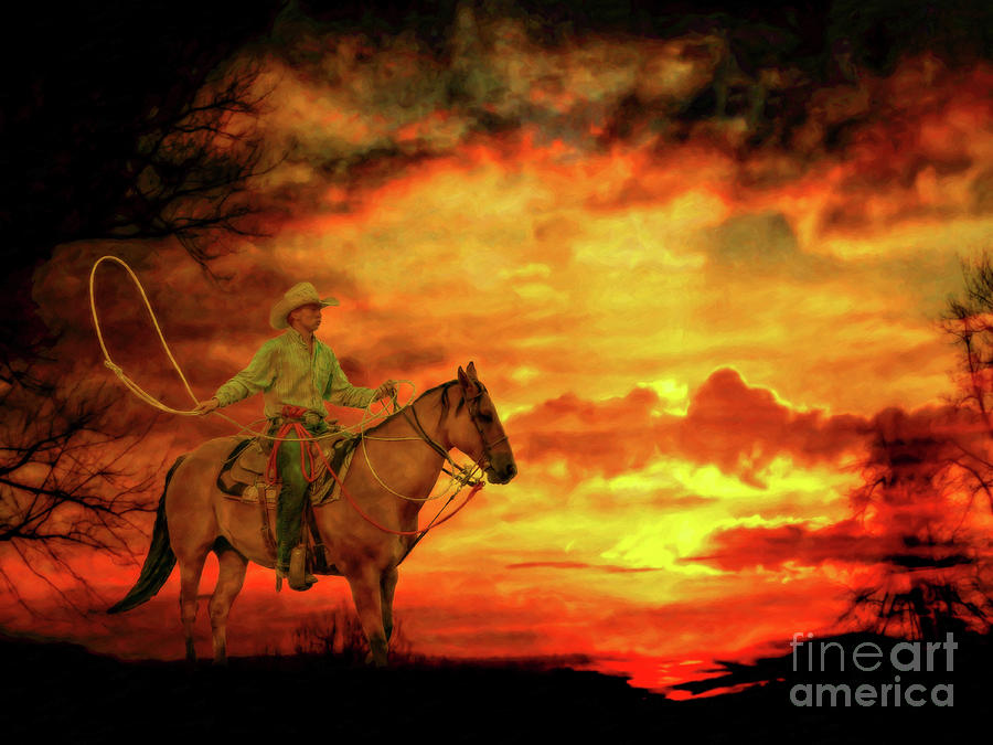 Roping Cowboy Sunset Digital Art by Randy Steele