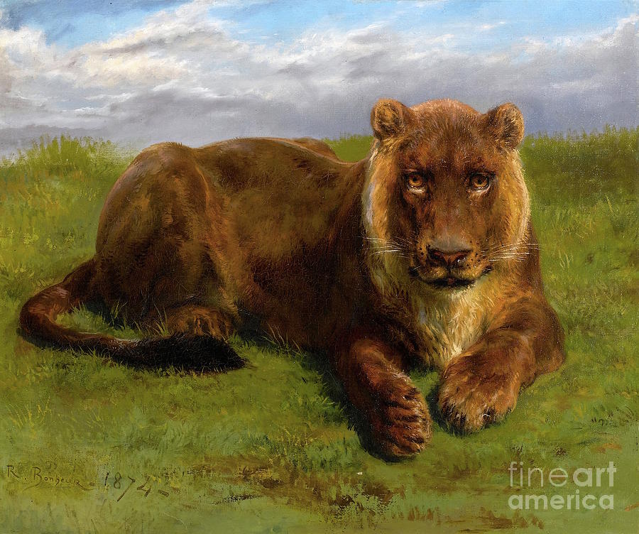 Rosa Bonheur - Lionne Posant Painting by Alexandra Arts