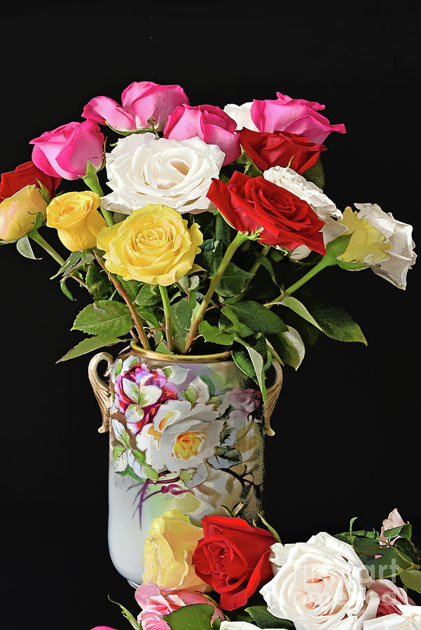 Rose Bouquet And Vase On Black Photograph
