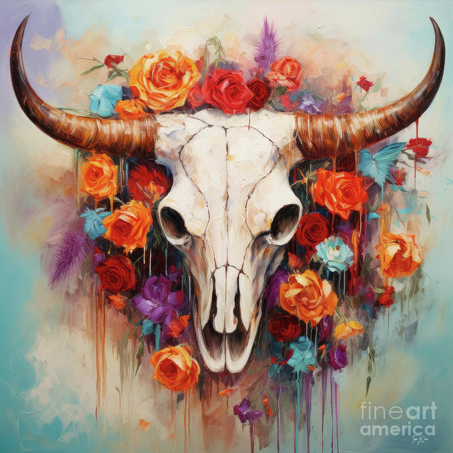 Bull Skull With Roses Painting by Tina LeCour