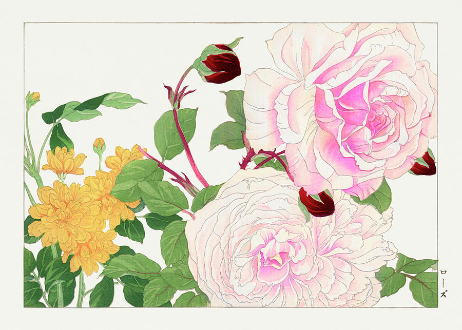 Rose Flower 3 - Ukiyo E Art - Vintage Japanese Woodblock Art - Seiyo Soka Zufu By Tanigami Konan Digital Art