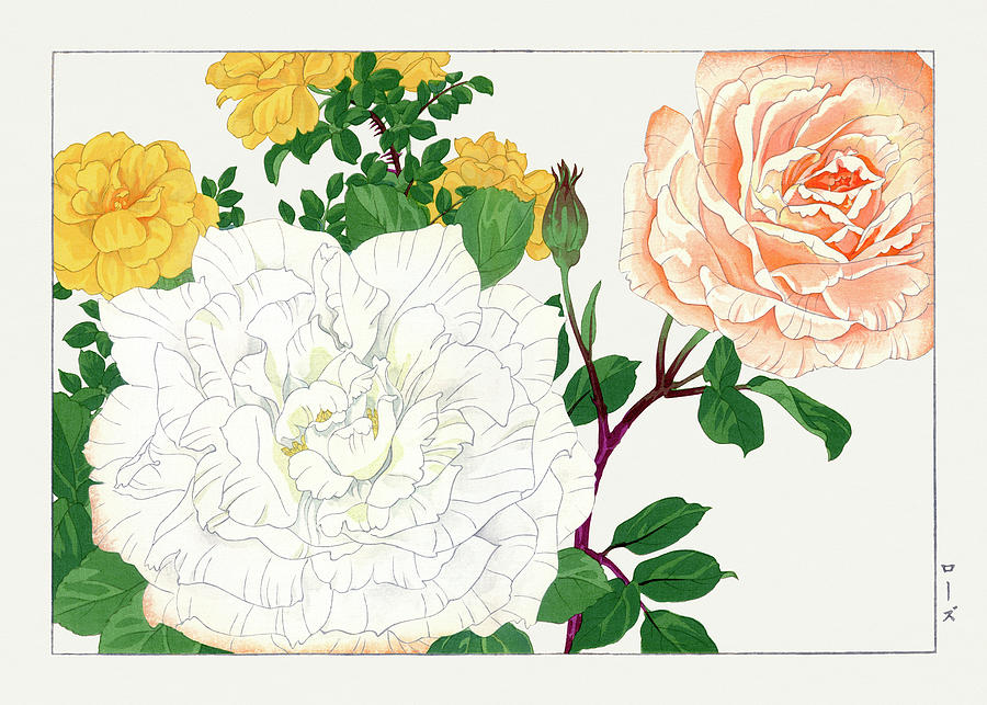 Rose Flowers 3 - Ukiyo e art - Vintage Japanese woodblock art - Seiyo SOKA ZUFU by Tanigami Konan Digital Art by Studio Grafiikka