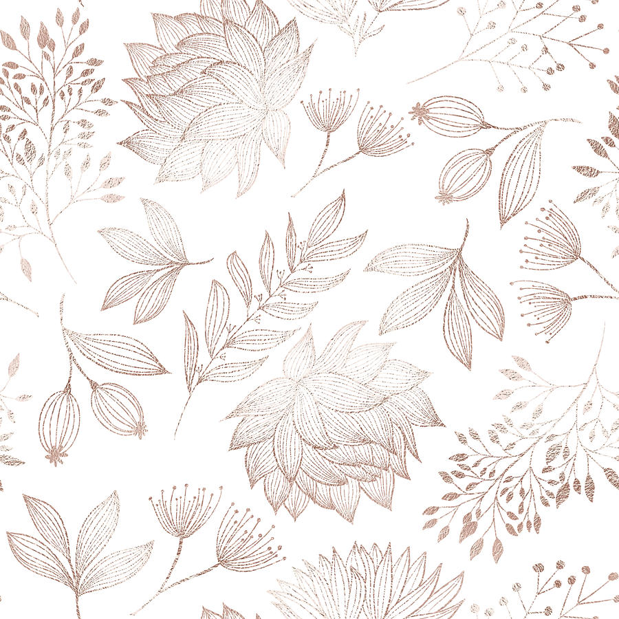 Rose Gold Colored Floral Seamless Pattern with Hand Drawn Leaves, Bloosoms and Branches. Christmas and New Year Greeting Card Background Template, Christmas Present Wrapping Paper. Drawing by Gokcemim