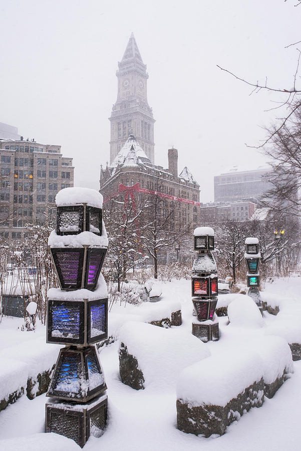 Rose Kennedy Greenway in the Snow with a Gift Wrapped Building Boston MA Photograph by Toby McGuire