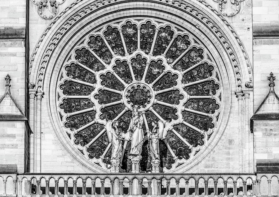 Rose Window of Notre Dame, Black and White Photograph by Marcy Wielfaert