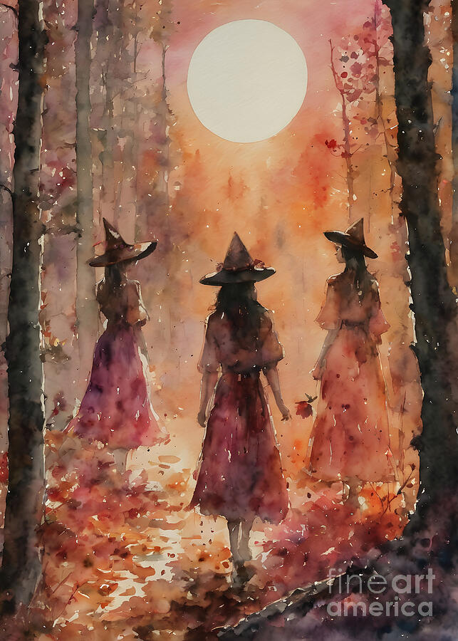 Witches Painting - Rose Witches Meet in the Woods by Lyra OBrien