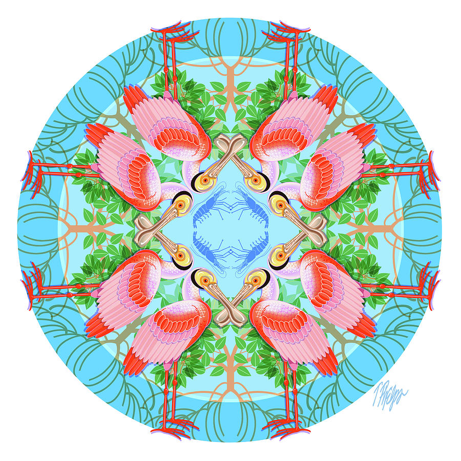 Spoonbill Digital Art - Roseate Spoonbill Mangrove #1 Mandala by Tim Phelps