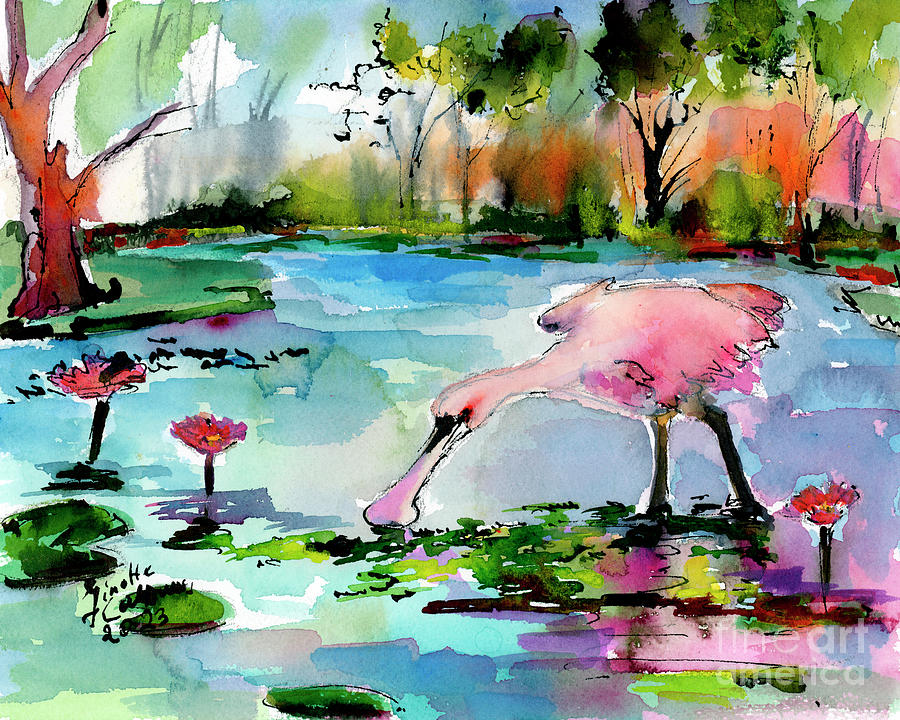 Roseate Spoonbill Wetland Magic  Painting by Ginette Callaway