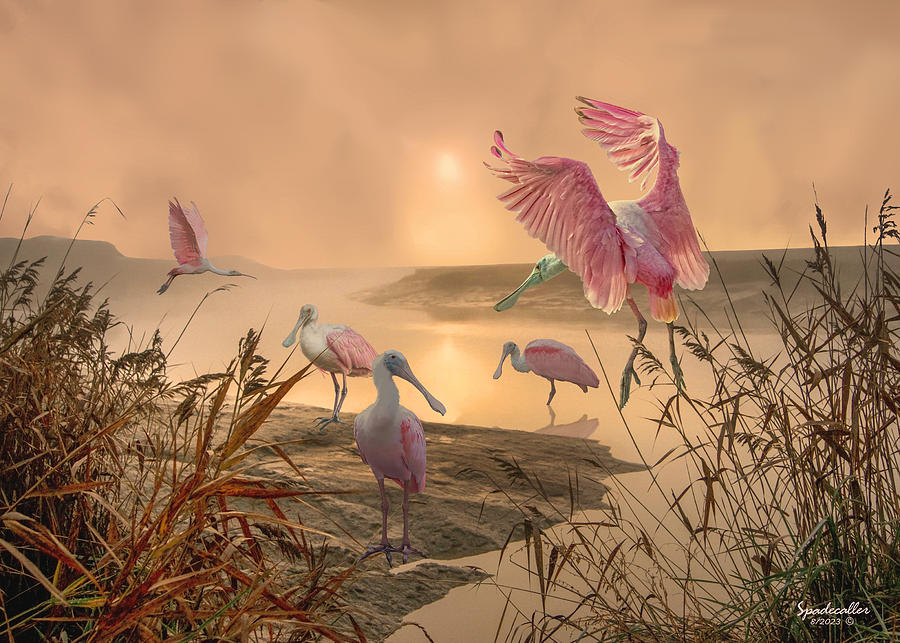Bird Digital Art - Florida Spoonbills at Dawn by Spadecaller