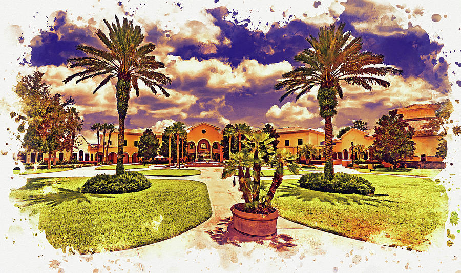 Rosen College of Hospitality Management, in Orlando, Florida - watercolor painting Digital Art by Nicko Prints